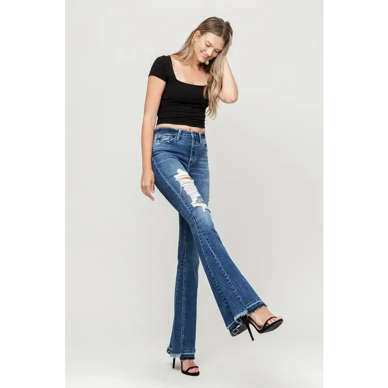 High Rise Distressed Released Hem Flare Jeans