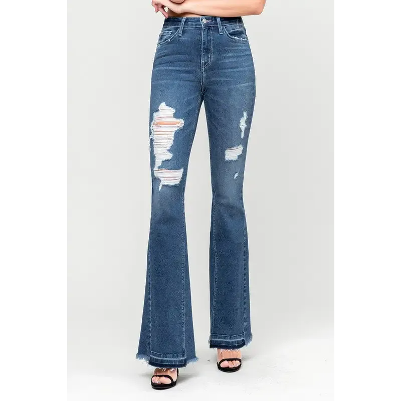 High Rise Distressed Released Hem Flare Jeans