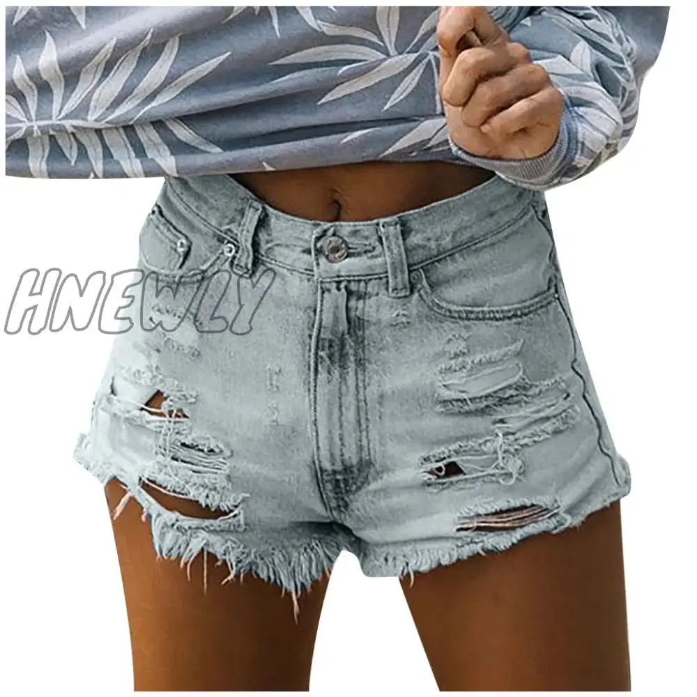 Hnewly Fashion Womens Pocket Short Jeans Buttons Hole Zipper High Waist Denim Shorts Female Summer Casual Solid Color Pants Streetwear