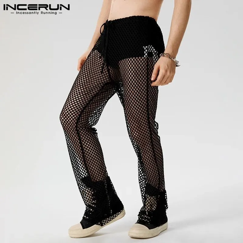 INCERUN Men Pants Mesh Streetwear Hollow Out Transparent Drawstring Sexy Trousers Men Party Vacation Fashion Pantalon L S4502230