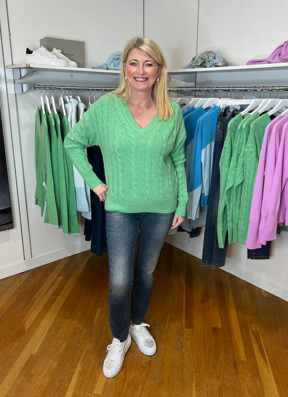 Jade Fashioned Cable Vee Cashmere Sweater