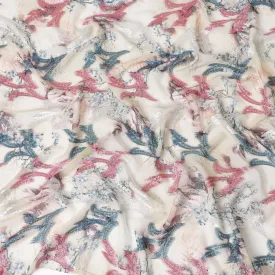 Latte beige synthetic chiffon fabric with multicolor print having cerise pink, silver and blue metallic lurex in abstract design-D9674