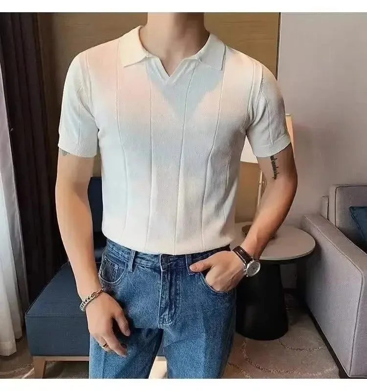 Luxurious Ice Silk V-Neck Polo Shirt for Men