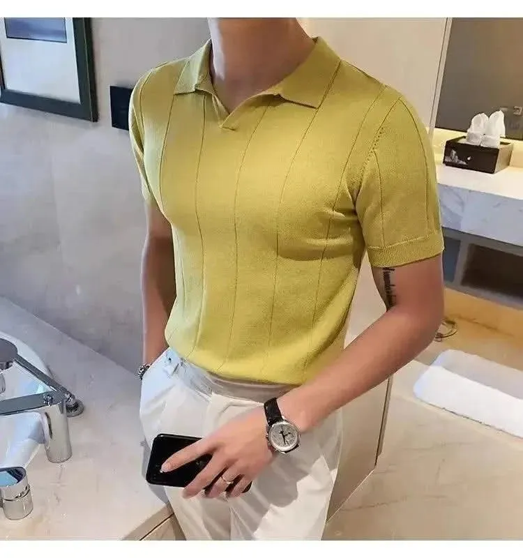 Luxurious Ice Silk V-Neck Polo Shirt for Men