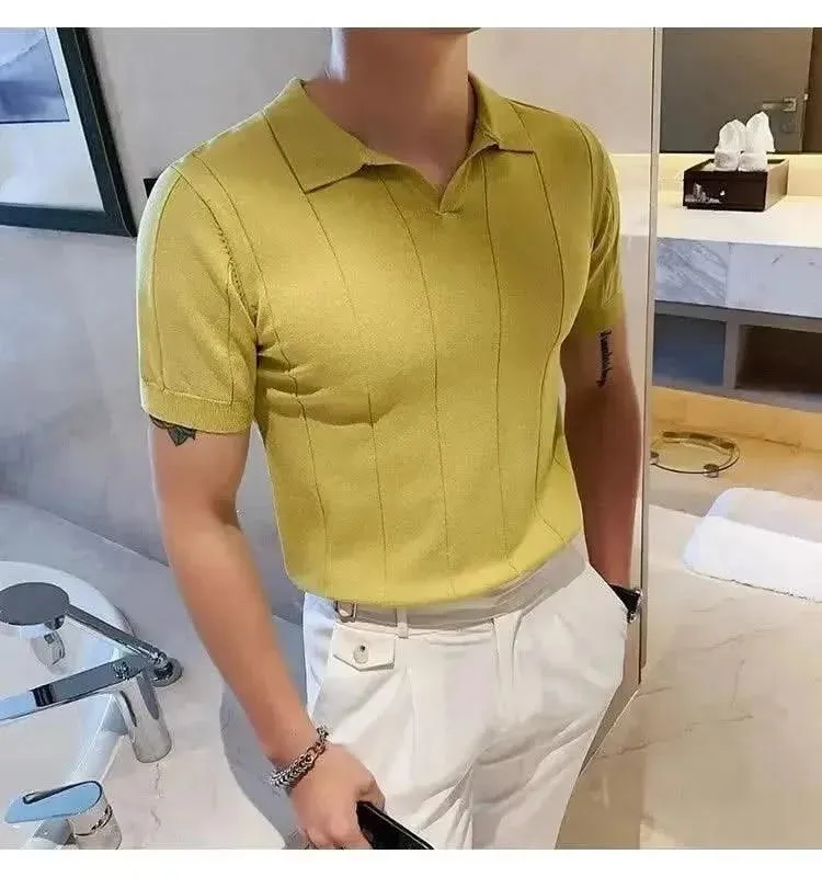 Luxurious Ice Silk V-Neck Polo Shirt for Men