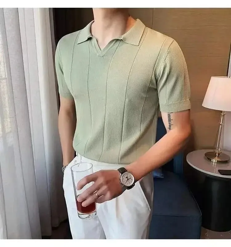 Luxurious Ice Silk V-Neck Polo Shirt for Men