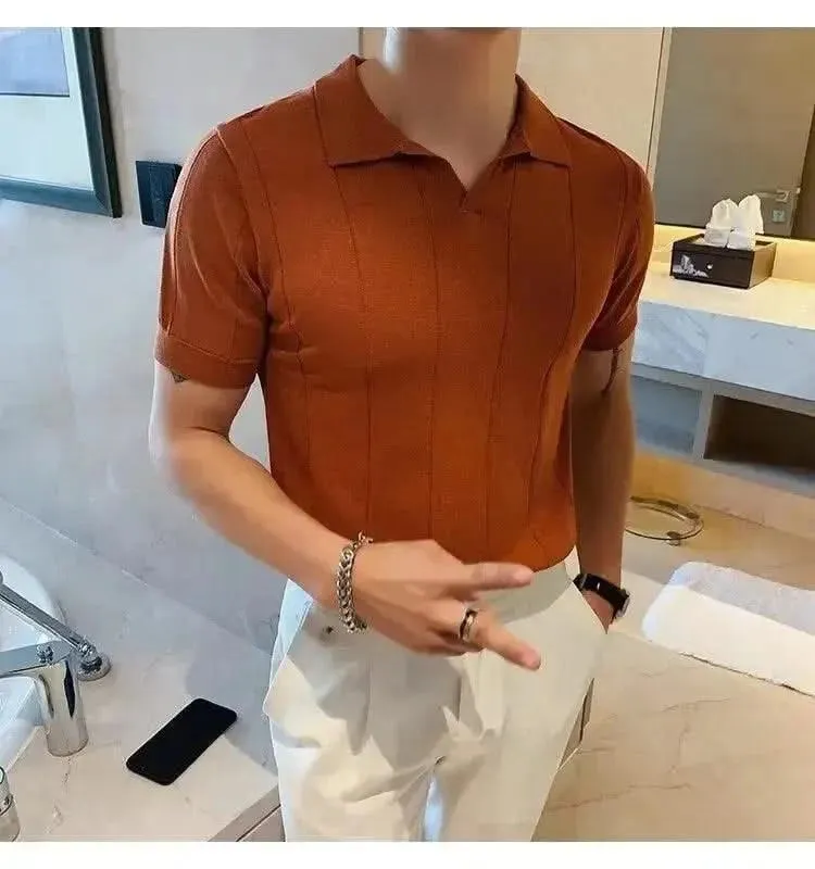 Luxurious Ice Silk V-Neck Polo Shirt for Men