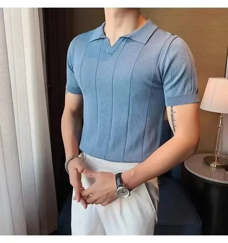 Luxurious Ice Silk V-Neck Polo Shirt for Men