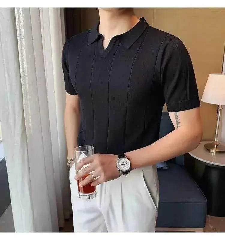 Luxurious Ice Silk V-Neck Polo Shirt for Men