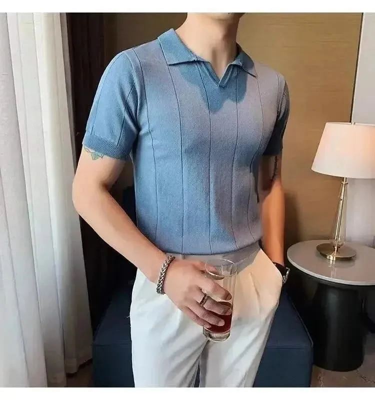 Luxurious Ice Silk V-Neck Polo Shirt for Men