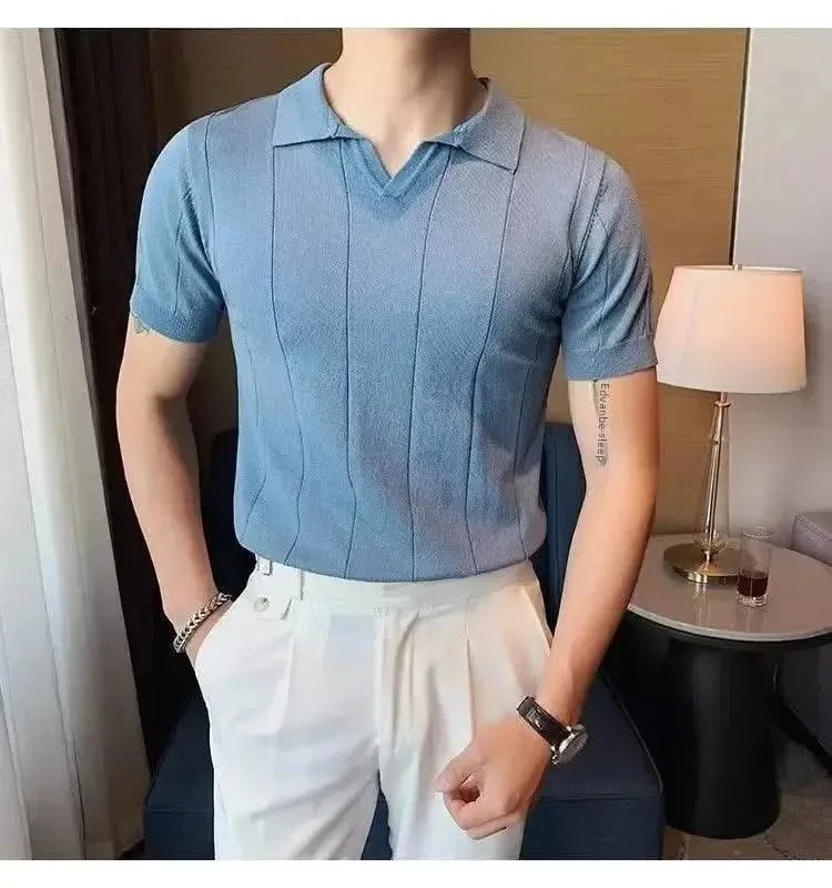 Luxurious Ice Silk V-Neck Polo Shirt for Men