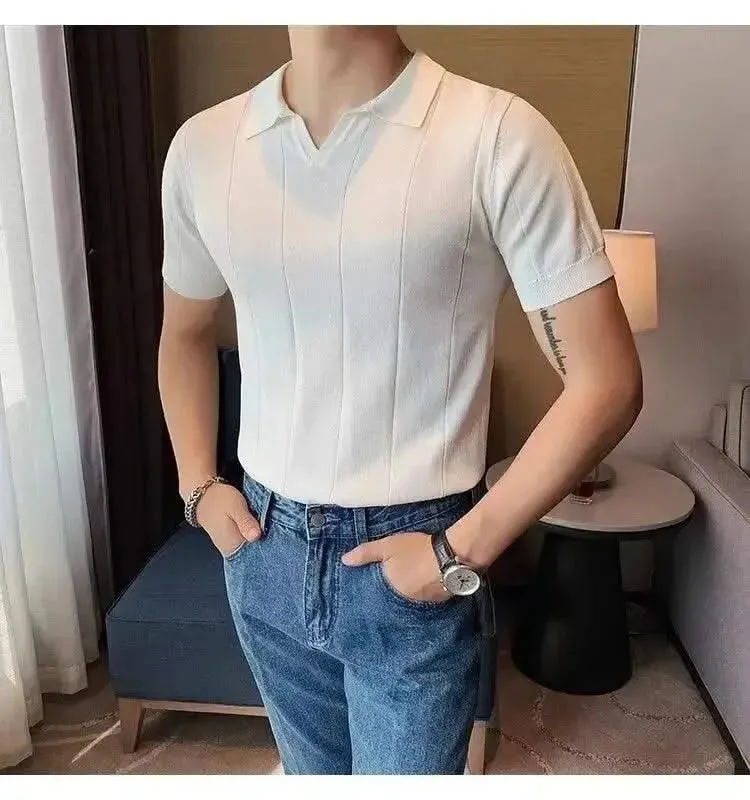 Luxurious Ice Silk V-Neck Polo Shirt for Men