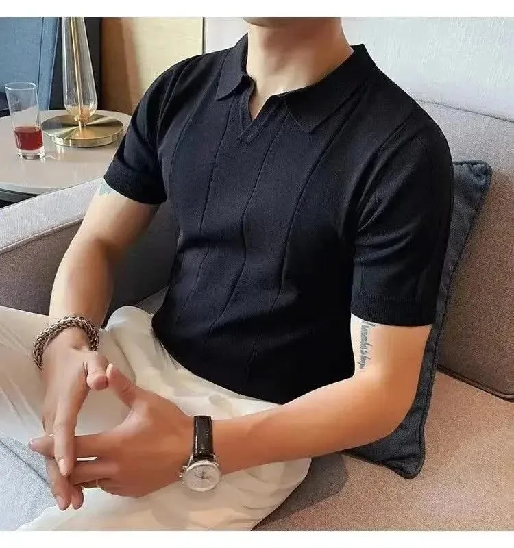 Luxurious Ice Silk V-Neck Polo Shirt for Men