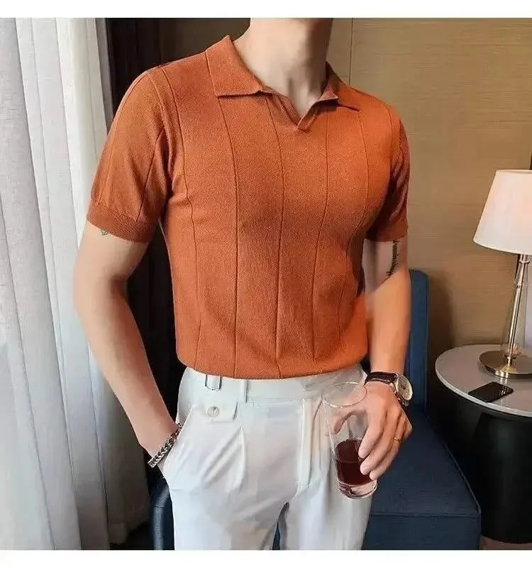 Luxurious Ice Silk V-Neck Polo Shirt for Men