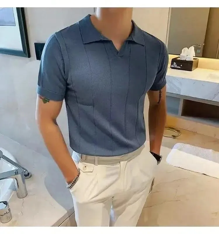 Luxurious Ice Silk V-Neck Polo Shirt for Men