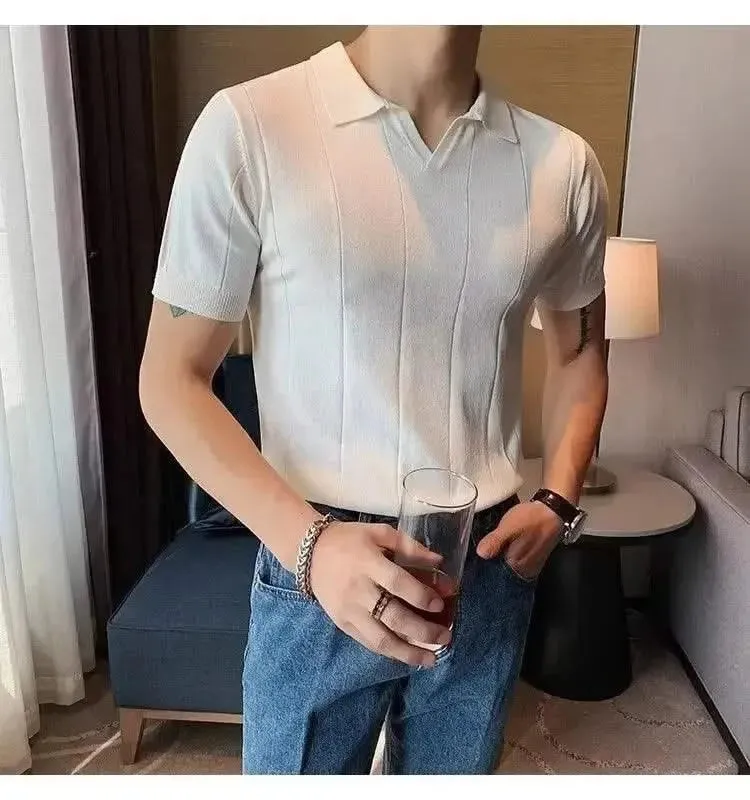 Luxurious Ice Silk V-Neck Polo Shirt for Men