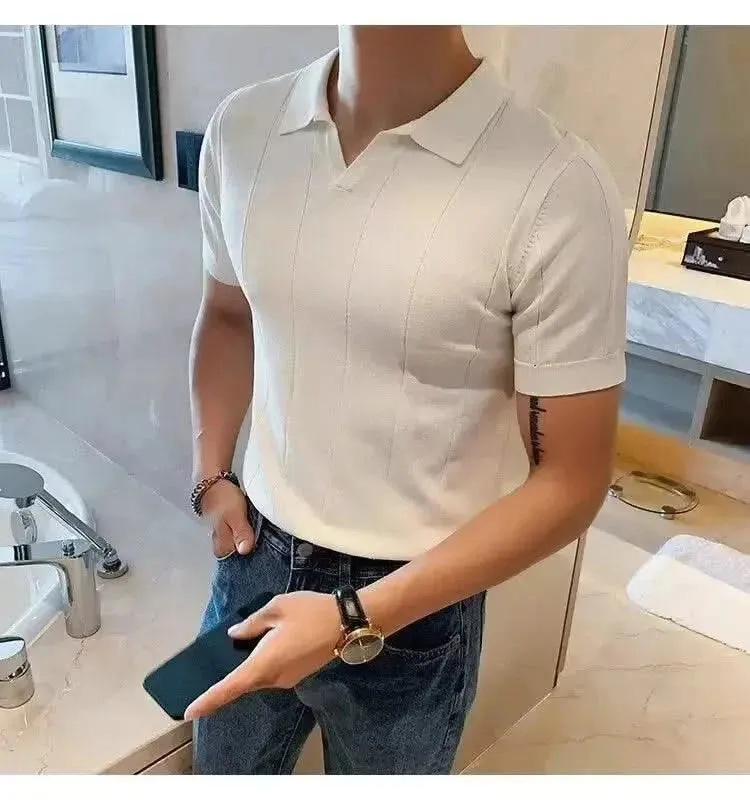 Luxurious Ice Silk V-Neck Polo Shirt for Men