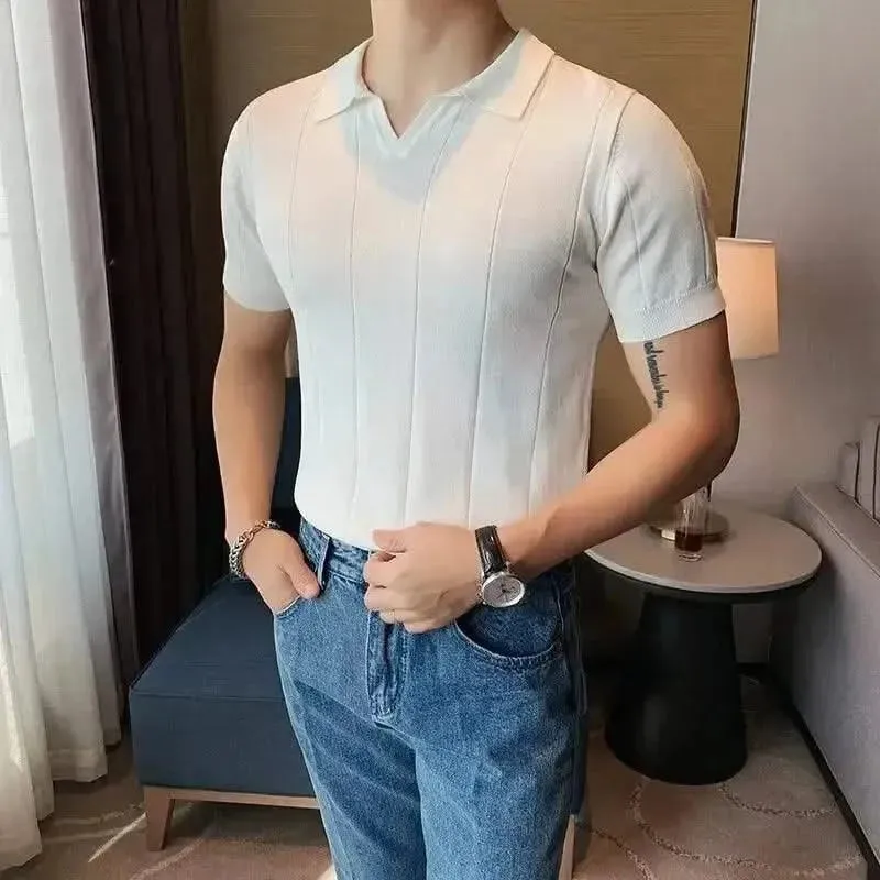 Luxurious Ice Silk V-Neck Polo Shirt for Men