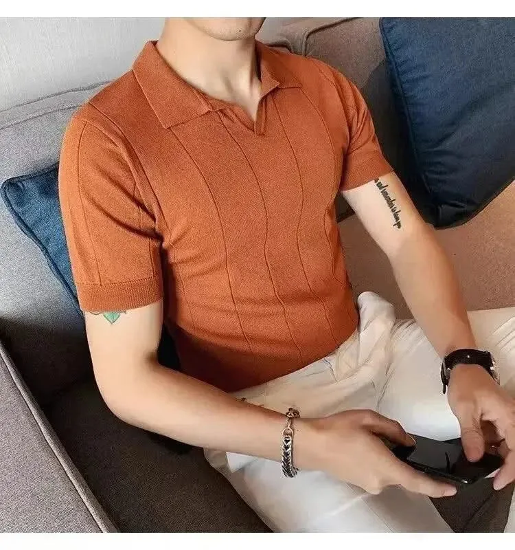 Luxurious Ice Silk V-Neck Polo Shirt for Men