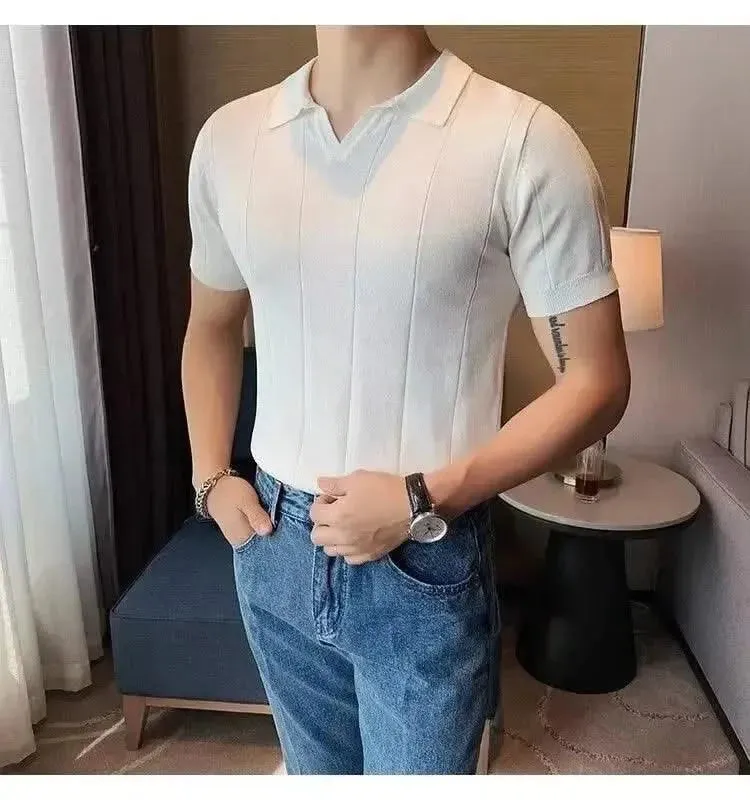 Luxurious Ice Silk V-Neck Polo Shirt for Men