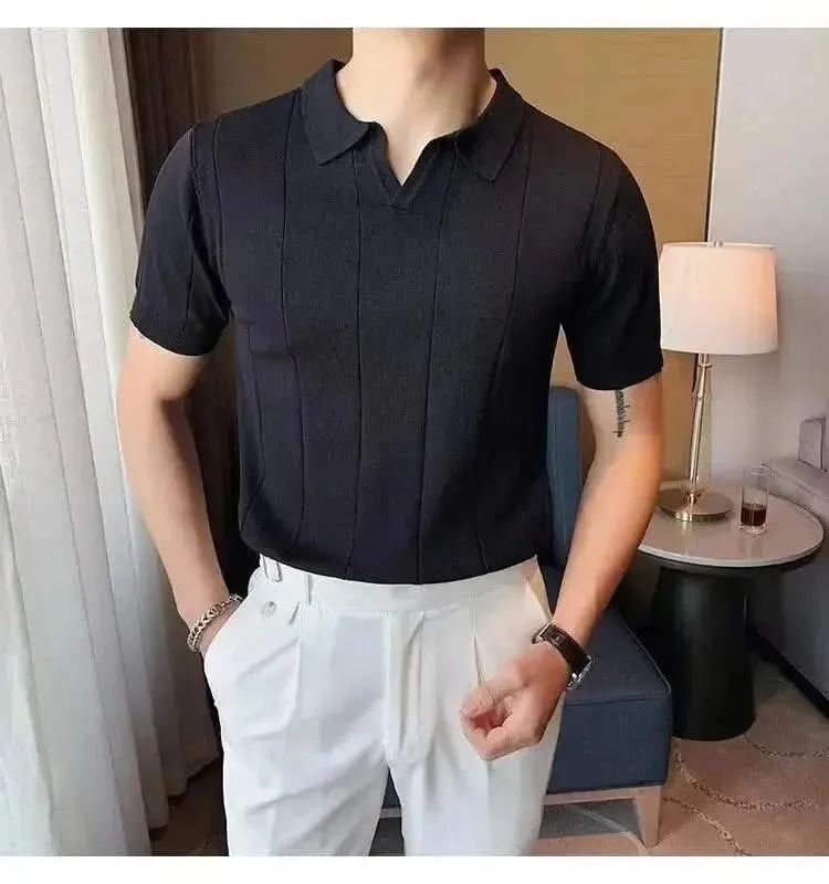 Luxurious Ice Silk V-Neck Polo Shirt for Men