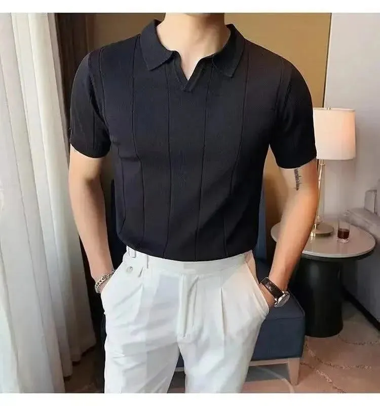 Luxurious Ice Silk V-Neck Polo Shirt for Men