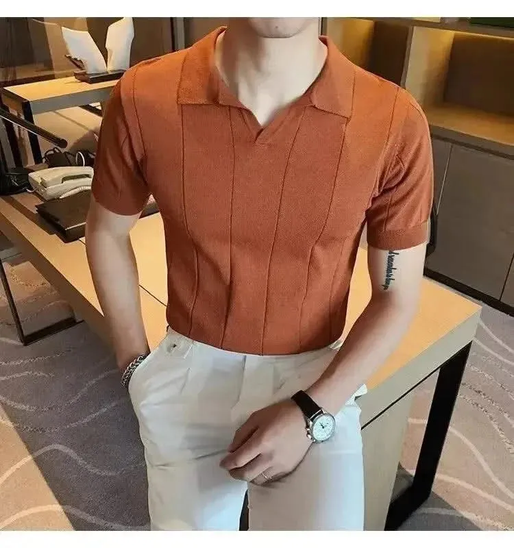 Luxurious Ice Silk V-Neck Polo Shirt for Men