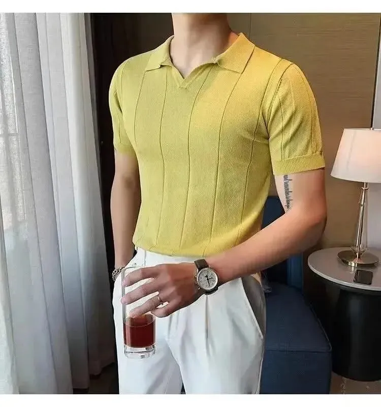 Luxurious Ice Silk V-Neck Polo Shirt for Men