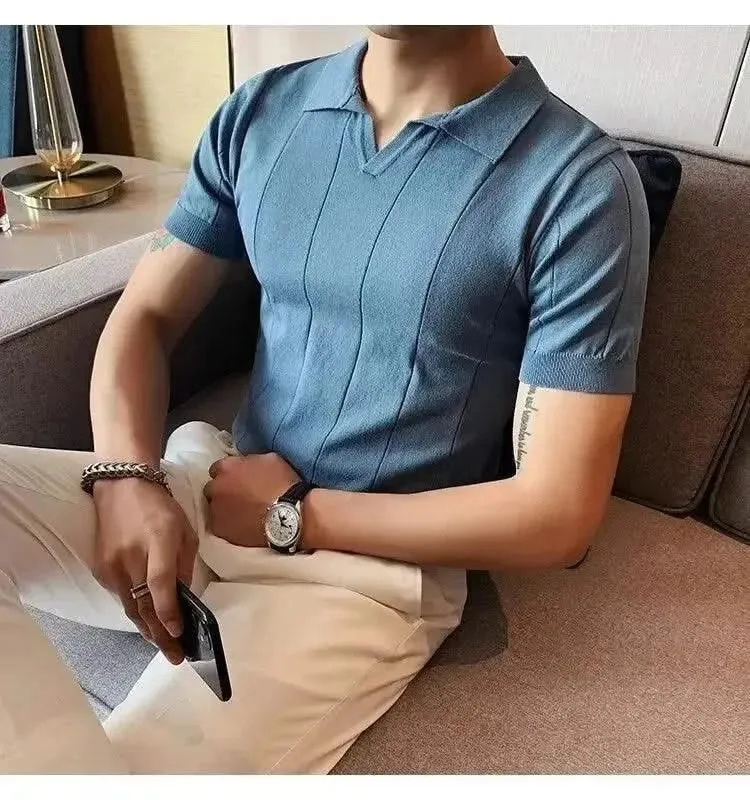 Luxurious Ice Silk V-Neck Polo Shirt for Men