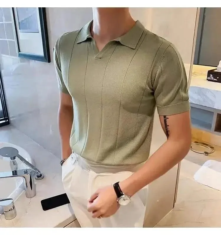 Luxurious Ice Silk V-Neck Polo Shirt for Men