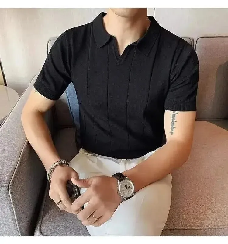 Luxurious Ice Silk V-Neck Polo Shirt for Men