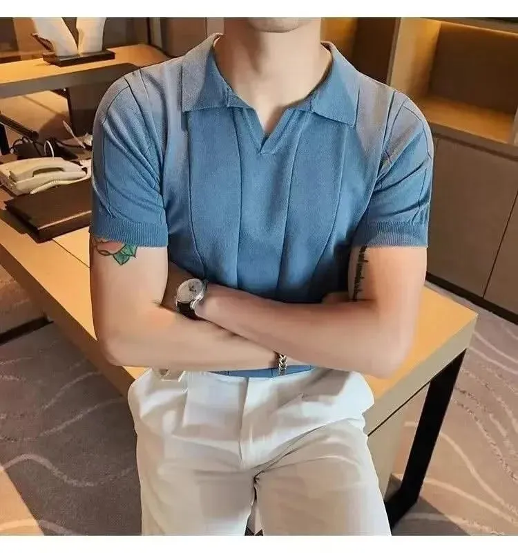 Luxurious Ice Silk V-Neck Polo Shirt for Men