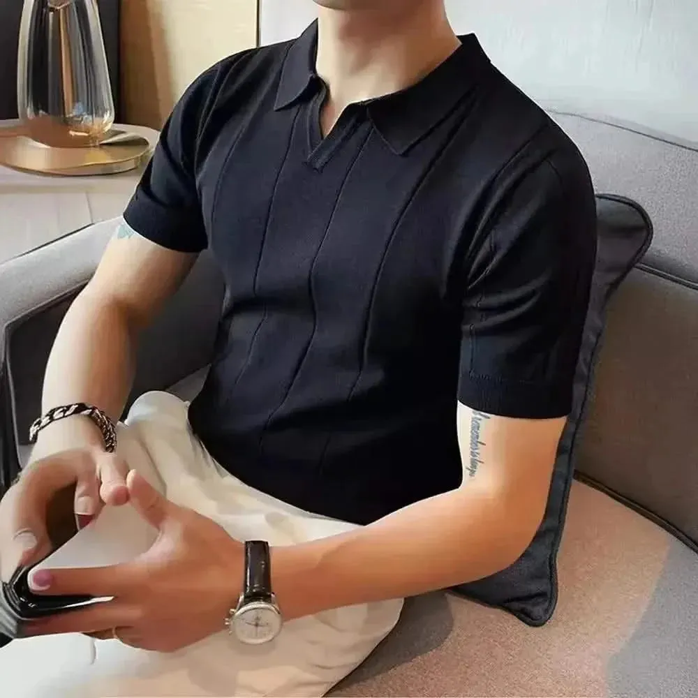 Luxurious Ice Silk V-Neck Polo Shirt for Men