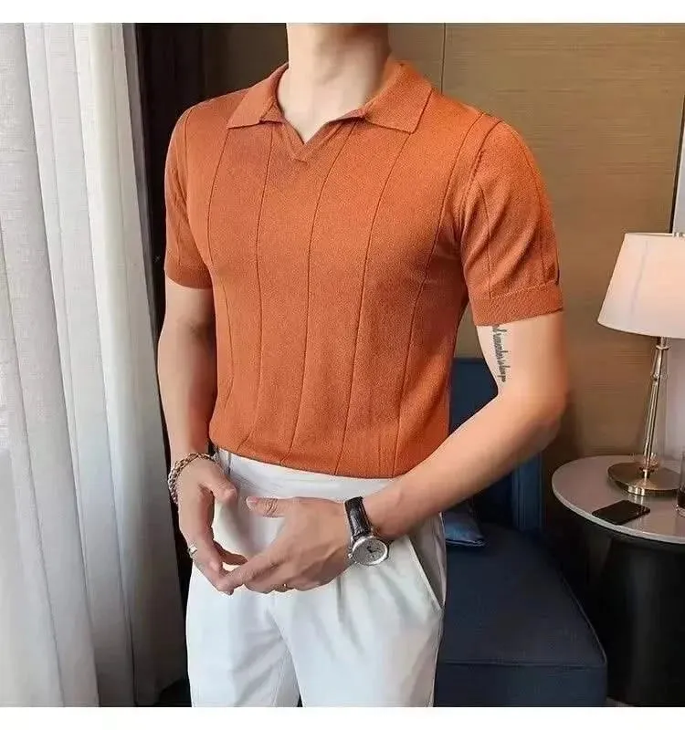 Luxurious Ice Silk V-Neck Polo Shirt for Men