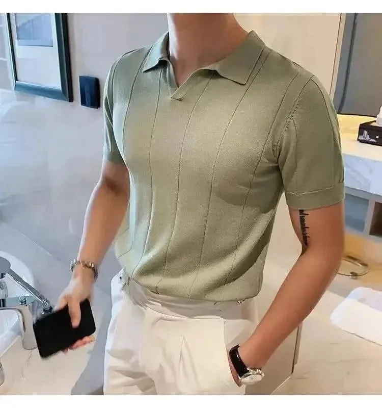 Luxurious Ice Silk V-Neck Polo Shirt for Men