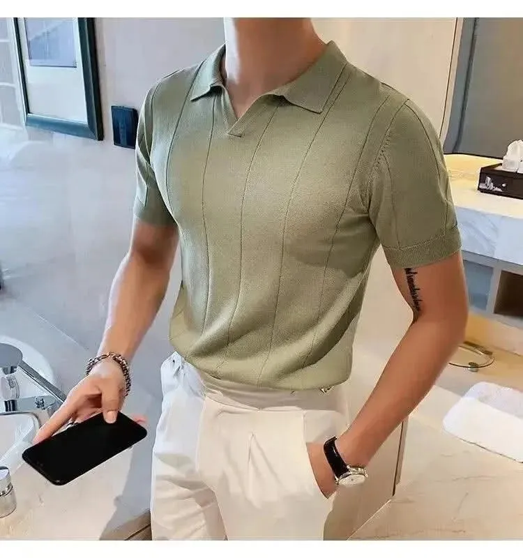 Luxurious Ice Silk V-Neck Polo Shirt for Men