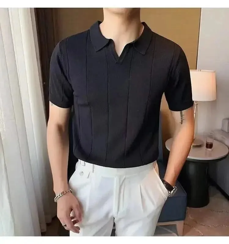 Luxurious Ice Silk V-Neck Polo Shirt for Men