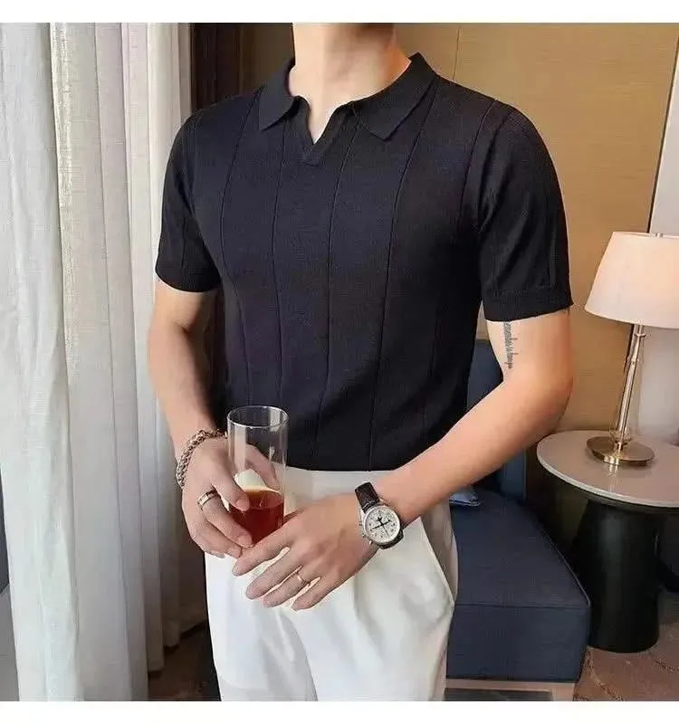 Luxurious Ice Silk V-Neck Polo Shirt for Men