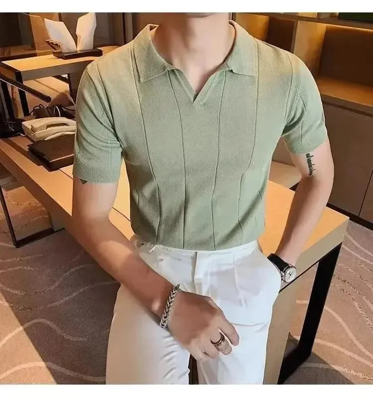 Luxurious Ice Silk V-Neck Polo Shirt for Men