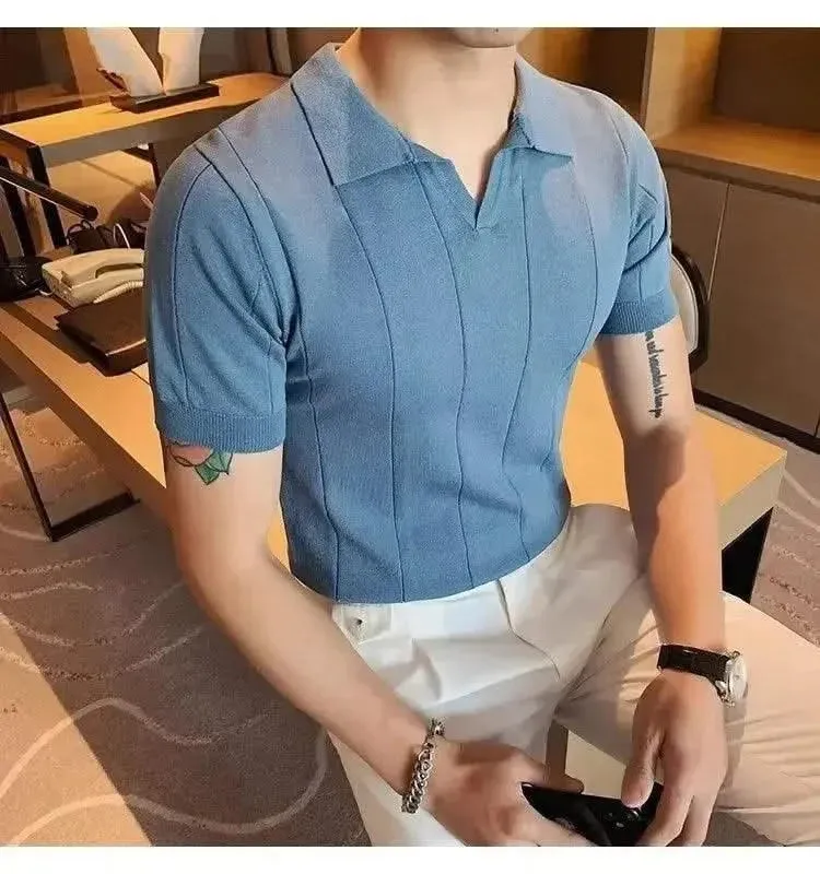 Luxurious Ice Silk V-Neck Polo Shirt for Men