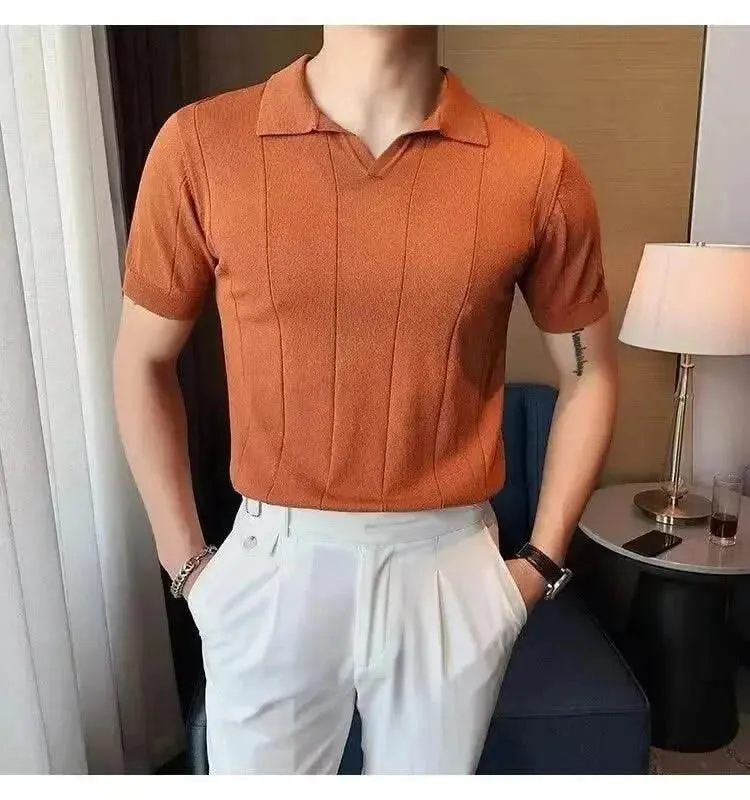 Luxurious Ice Silk V-Neck Polo Shirt for Men