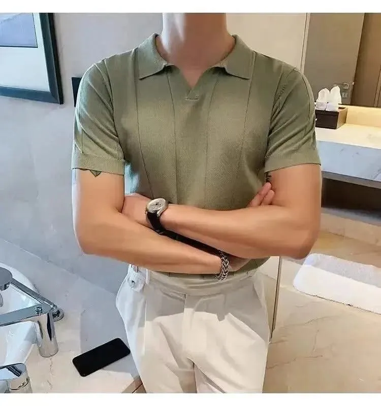 Luxurious Ice Silk V-Neck Polo Shirt for Men