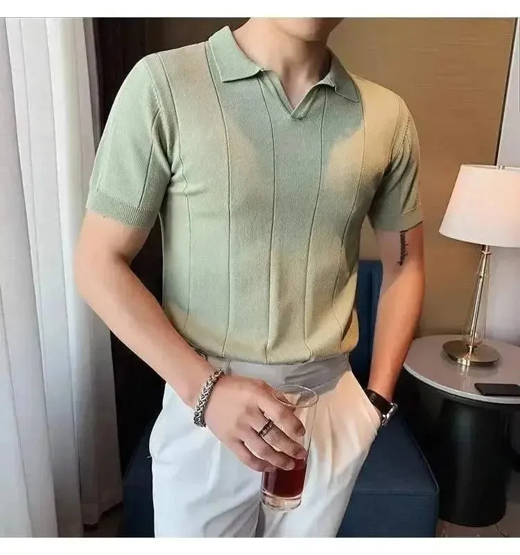 Luxurious Ice Silk V-Neck Polo Shirt for Men