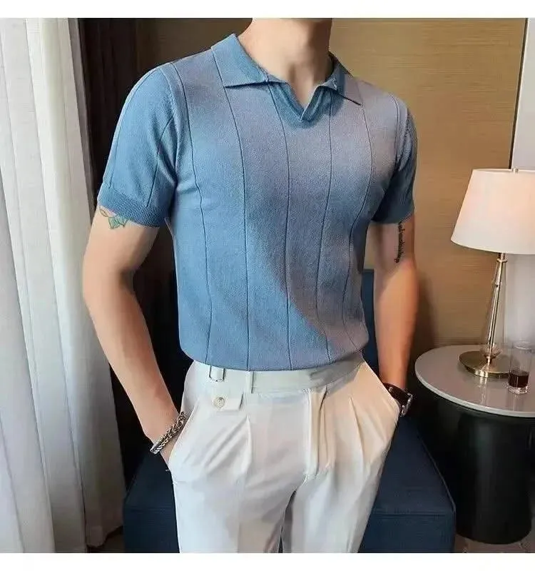 Luxurious Ice Silk V-Neck Polo Shirt for Men