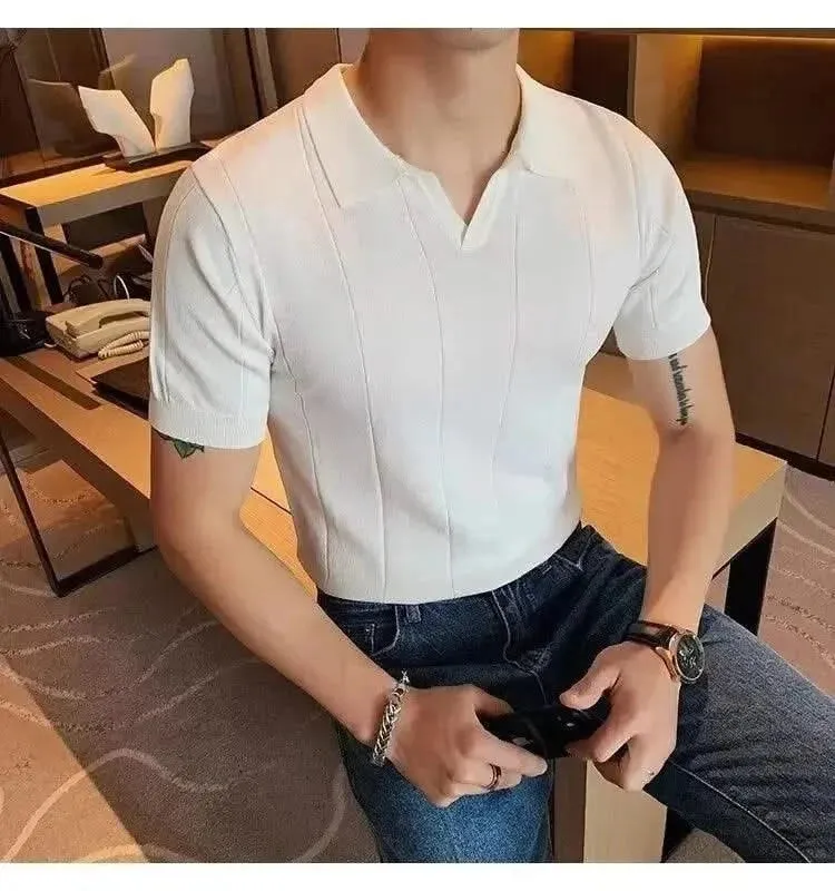 Luxurious Ice Silk V-Neck Polo Shirt for Men