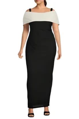 Marina Off-the-Shoulder Short Sleeve Ruched Waist Crepe Sheath Gown (Plus Size)