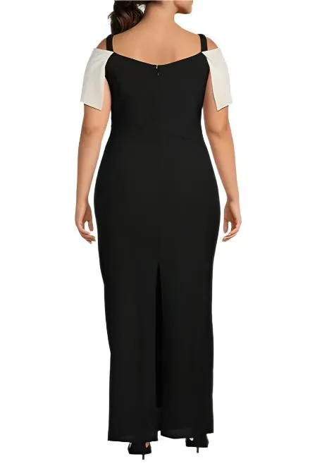 Marina Off-the-Shoulder Short Sleeve Ruched Waist Crepe Sheath Gown (Plus Size)