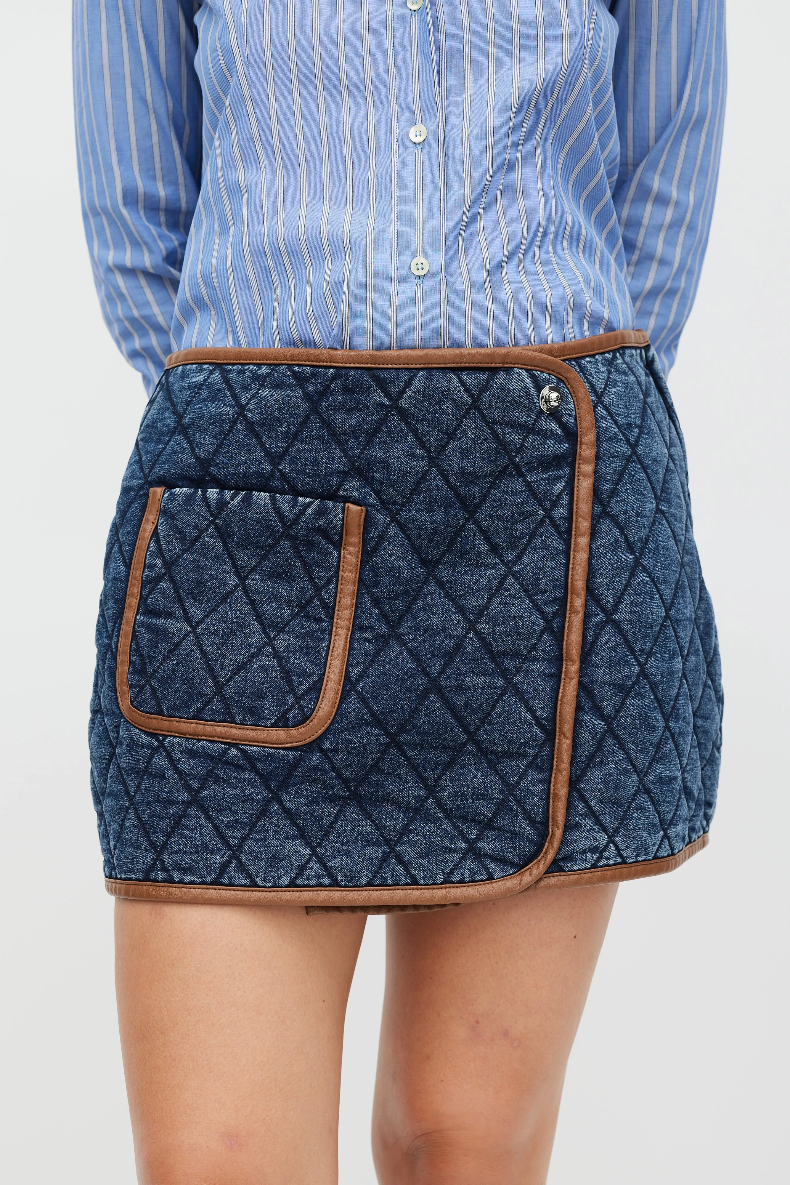 Navy & Brown Quilted Denim Skirt