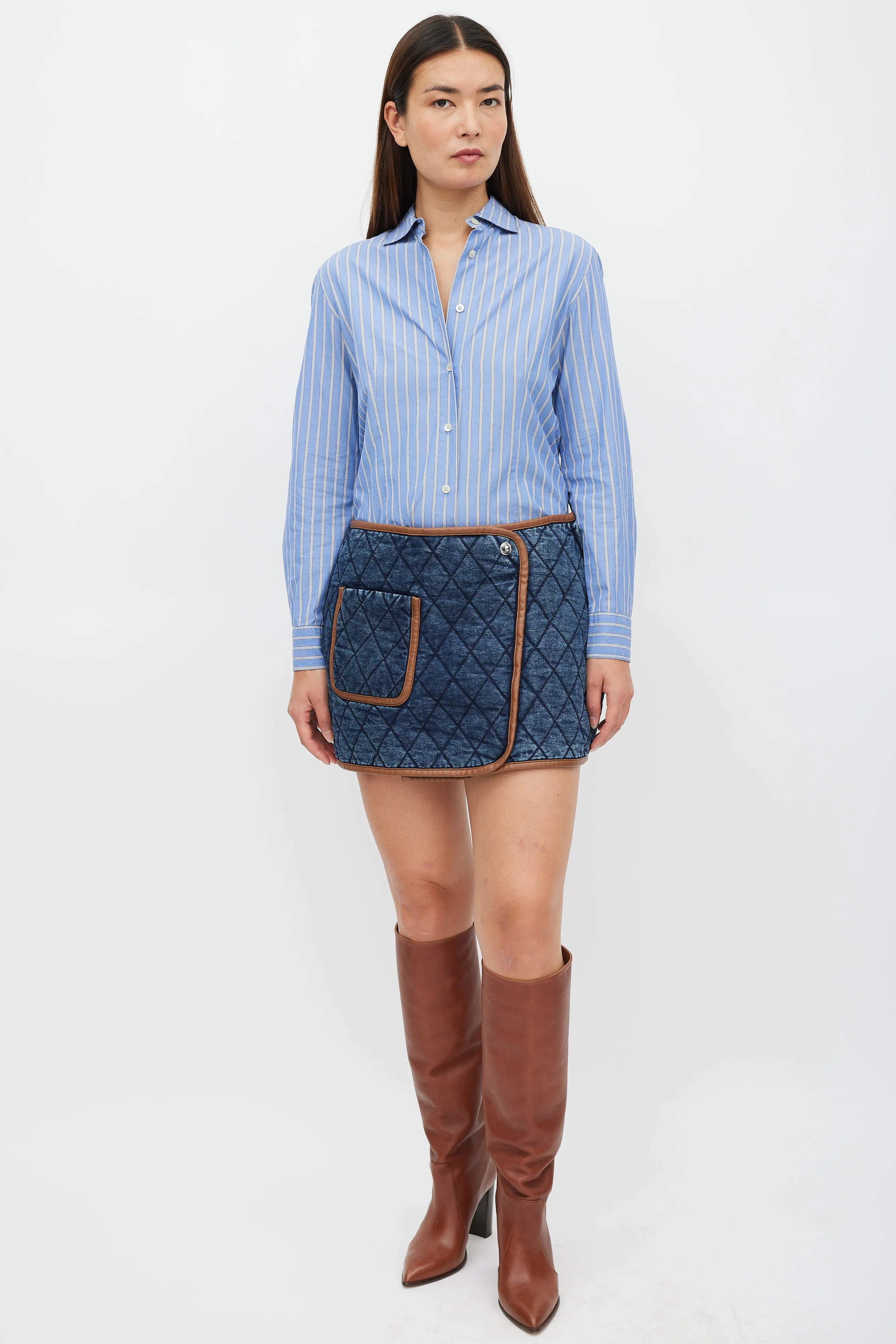 Navy & Brown Quilted Denim Skirt