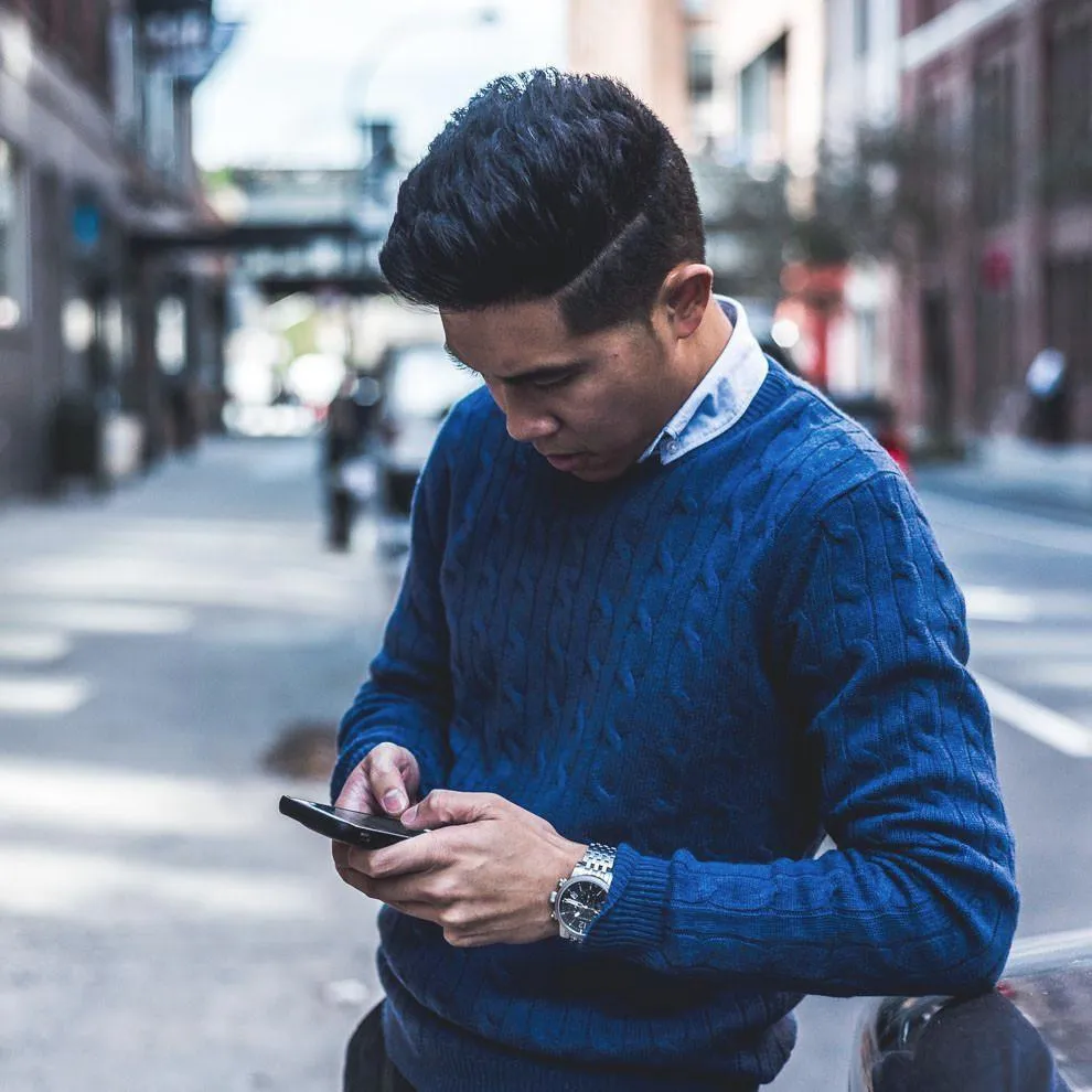 Navy Cashmere Crew Neck Cable Sweater